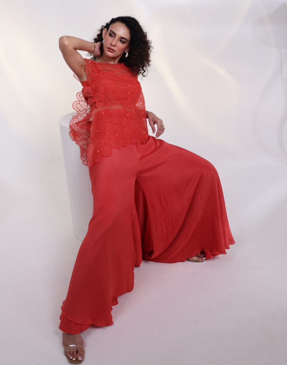 Vibrant Orange Three-Piece Set with Bustier, 3D Organza Top Open Draped Cape & Wide Leg Pants_2