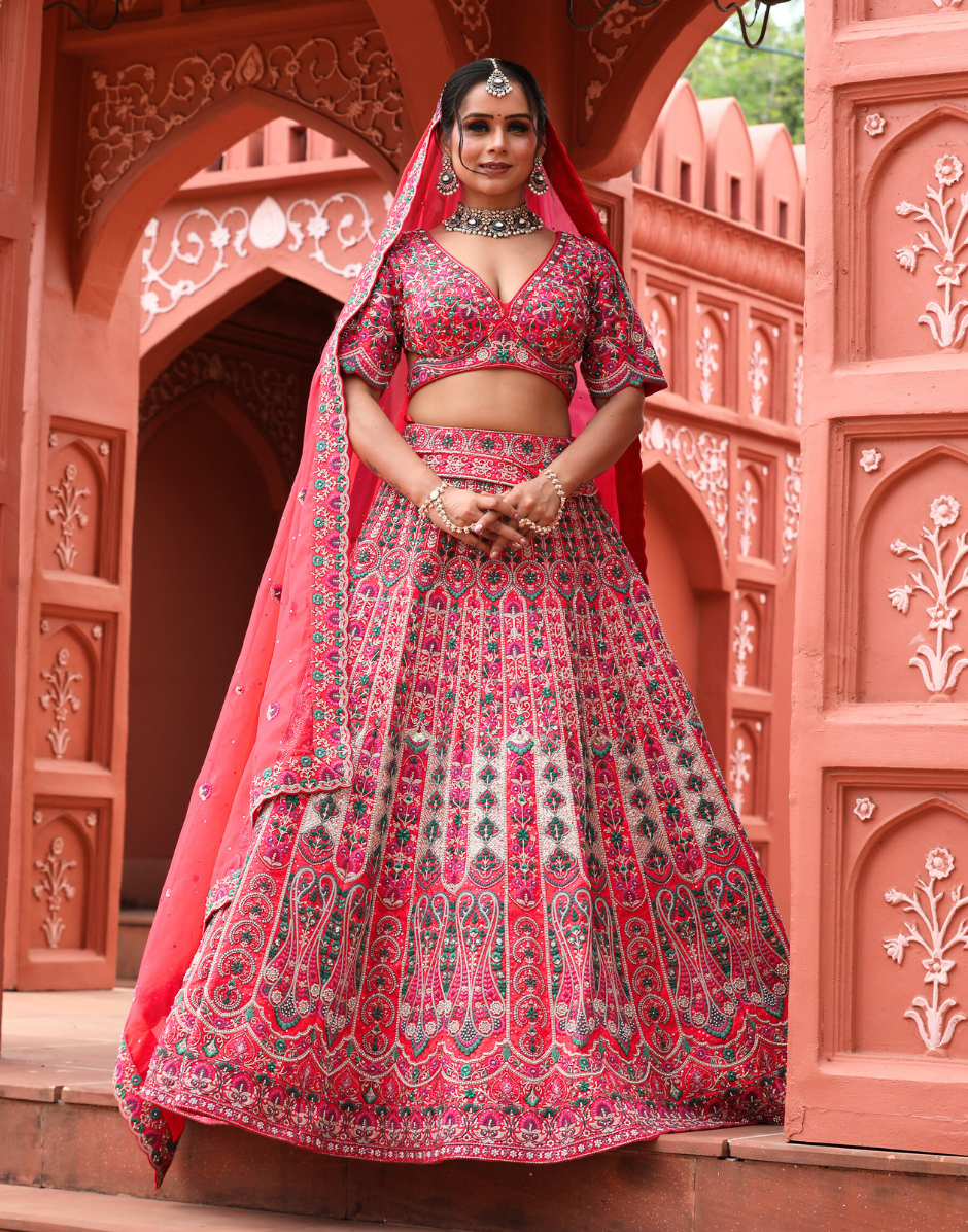 Vibrant Pink Lehenga Set with Multicolour Thread Embroidery with Blouse & Dupatta