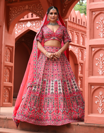 Vibrant Pink Lehenga Set with Multicolour Thread Embroidery with Blouse & Dupatta