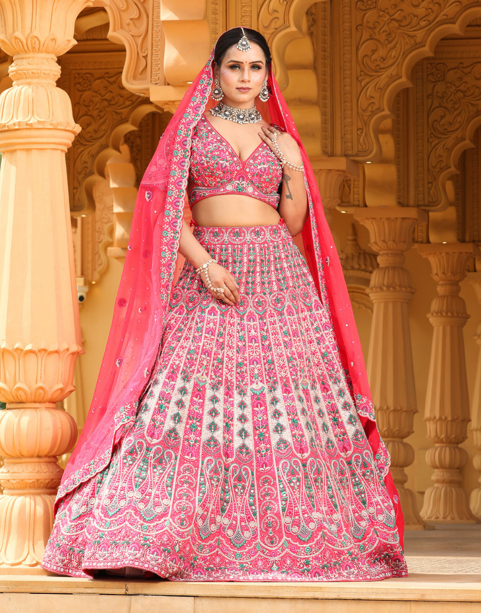 Vibrant Pink Lehenga Set with Multicolour Thread Embroidery with Blouse & Dupatta_1