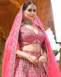 Vibrant Pink Lehenga Set with Multicolour Thread Embroidery with Blouse & Dupatta_2