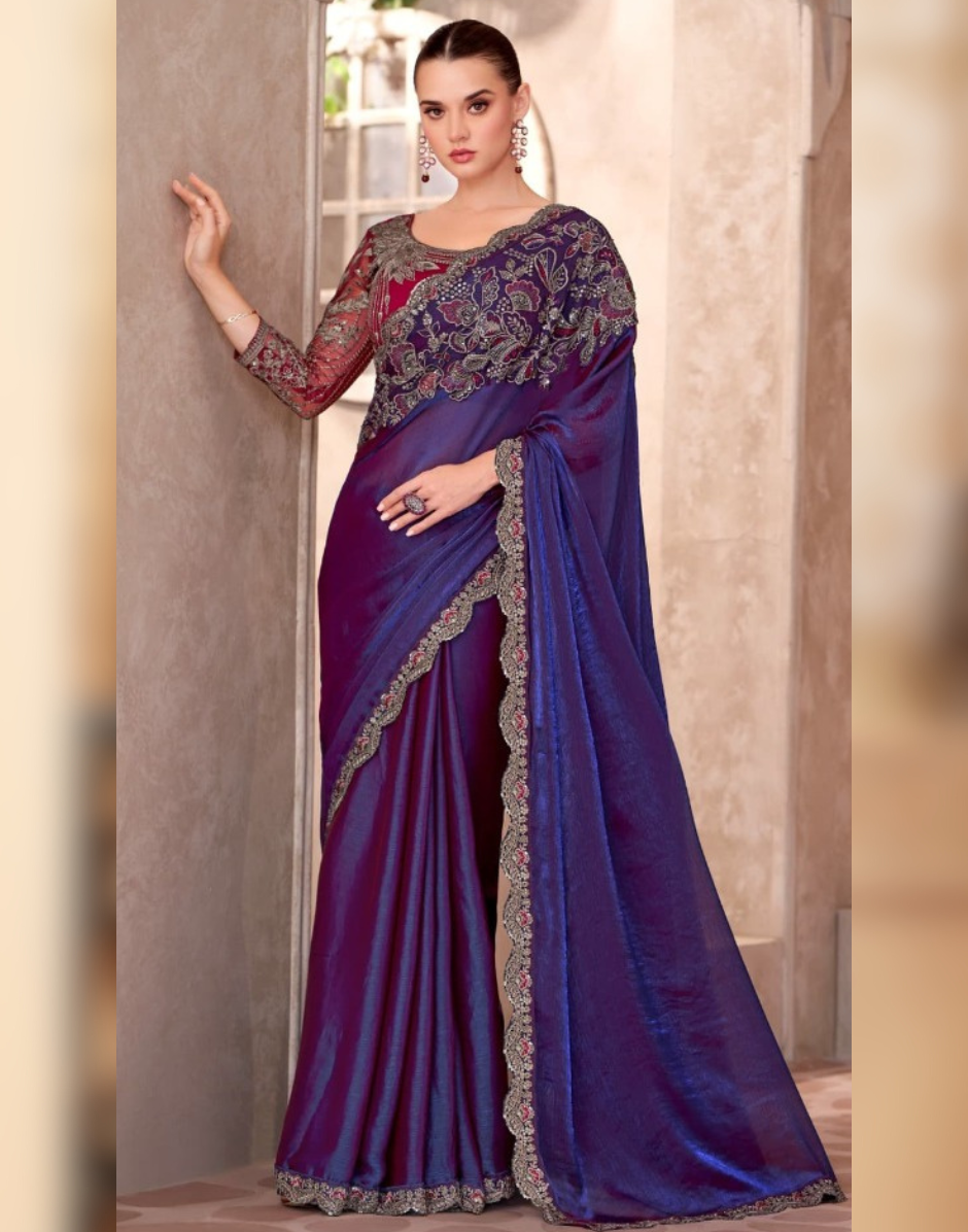 Vibrant Purple Saree in Satin Georgette with Intricate Blouse Design - Buy