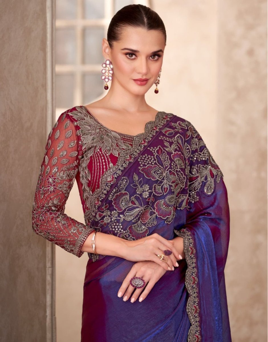 Vibrant Purple Saree in Satin Georgette with Intricate Blouse Design - Buy