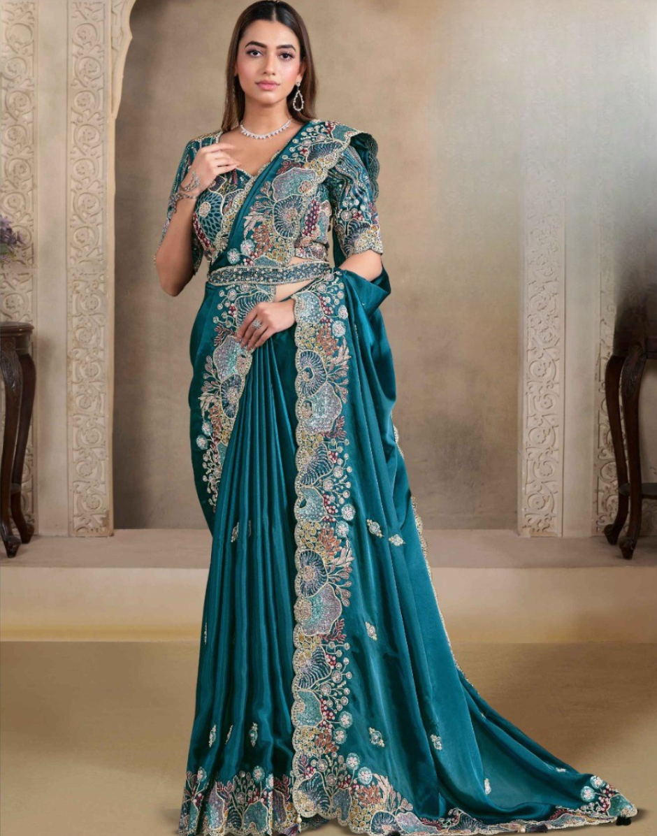 Vibrant Teal Satin Crush Silk Saree with Pearl Handwork and Sequin Highlights Comes with Malai Satin Blouse - Buy
