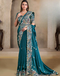 Vibrant Teal Satin Crush Silk Saree with Pearl Handwork and Sequin Highlights Comes with Malai Satin Blouse - Buy