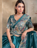 Vibrant Teal Satin Crush Silk Saree with Pearl Handwork and Sequin Highlights Comes with Malai Satin Blouse - Buy_1