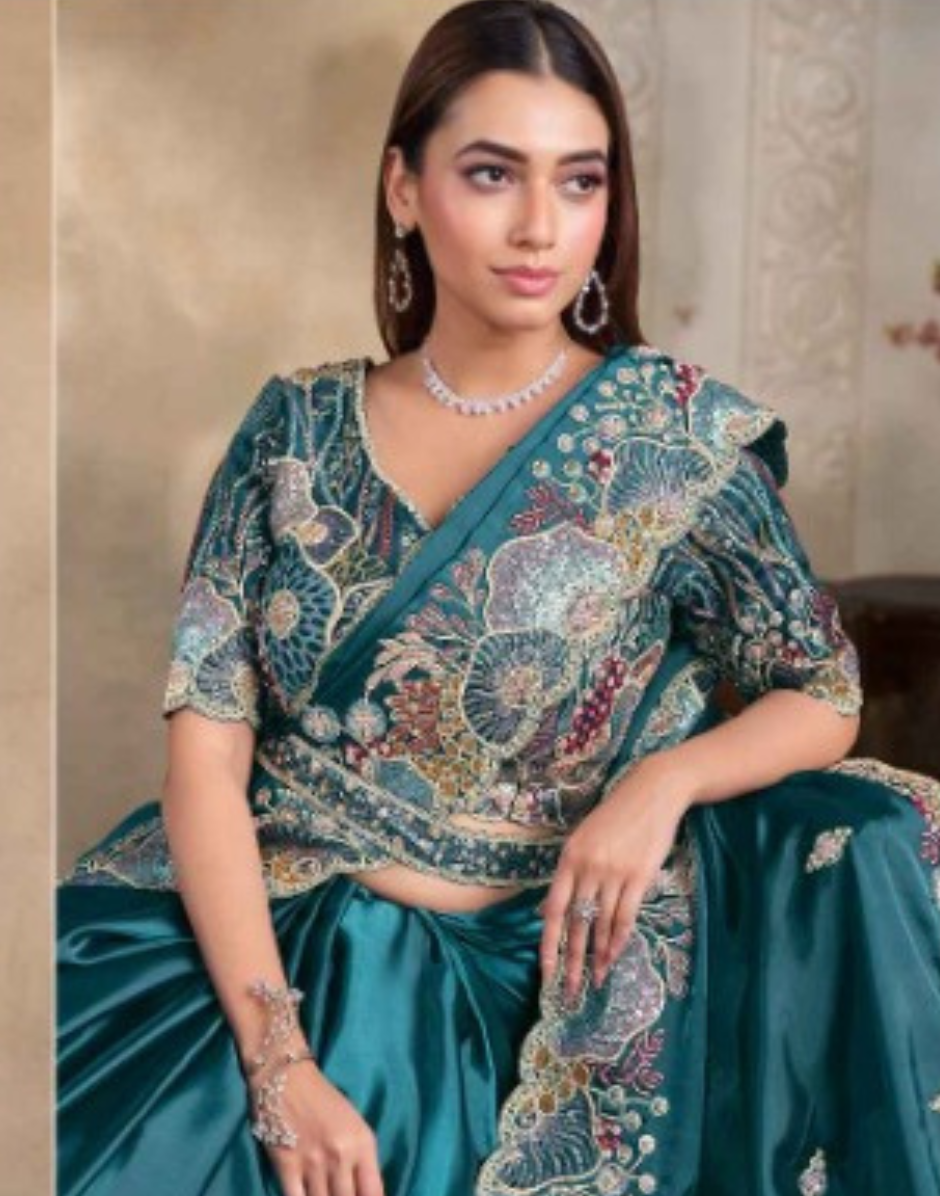 Vibrant Teal Satin Crush Silk Saree with Pearl Handwork and Sequin Highlights Comes with Malai Satin Blouse - Buy_1