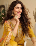 Vibrant Yellow Embroidered Suit Chinon Silk Fabric with Palazzo & Dupatta_1