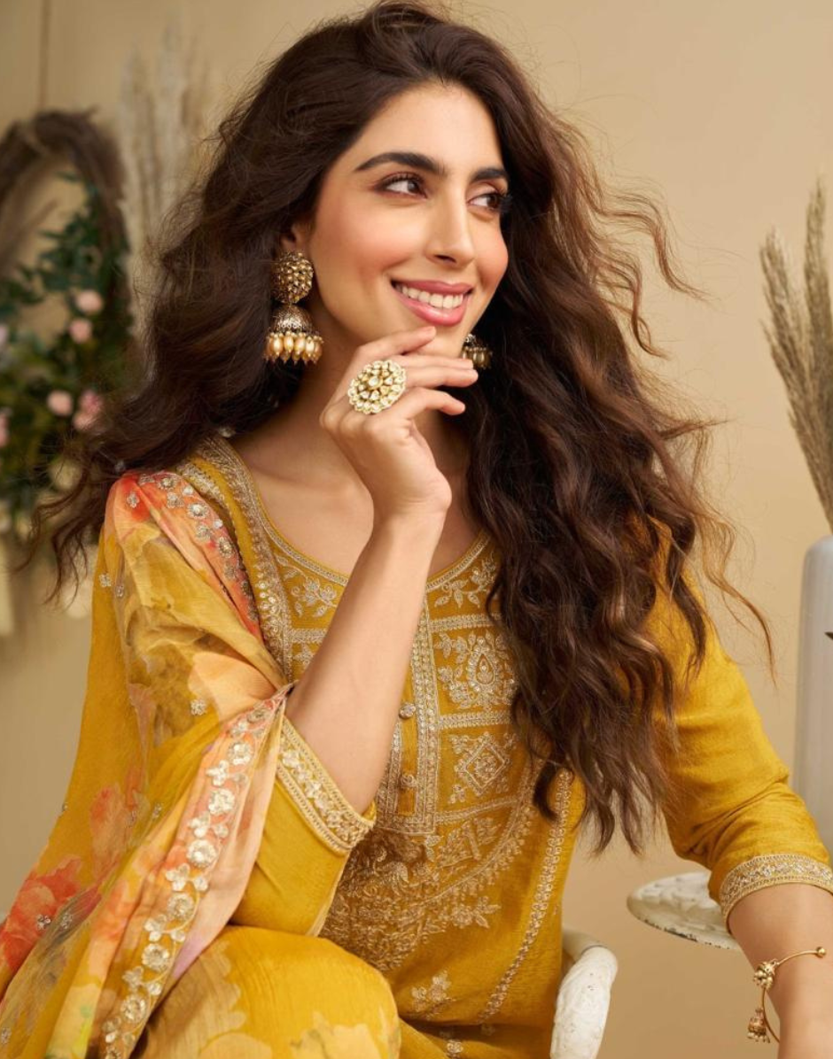 Vibrant Yellow Embroidered Suit Chinon Silk Fabric with Palazzo & Dupatta_1