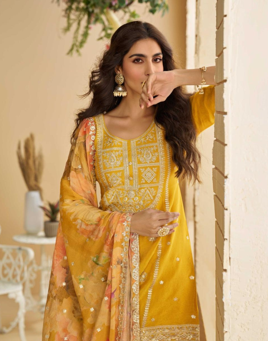 Vibrant Yellow Embroidered Suit Chinon Silk Fabric with Palazzo & Dupatta_2