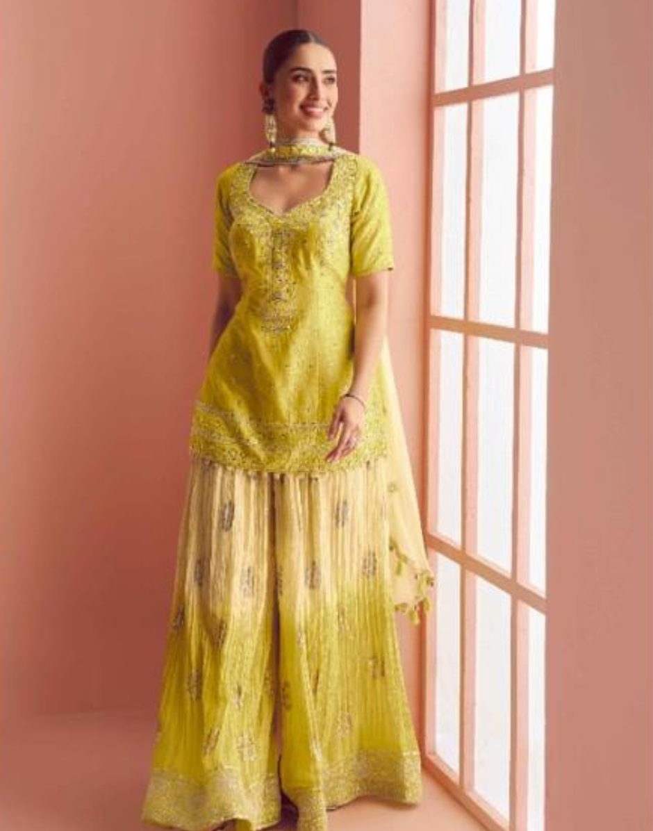 Vibrant Yellow Mirror Work Short Top with Plazzo & Dupatta Traditional Party Ensemble