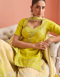 Vibrant Yellow Mirror Work Short Top with Plazzo & Dupatta Traditional Party Ensemble_1