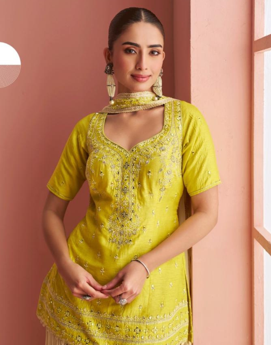 Vibrant Yellow Mirror Work Short Top with Plazzo & Dupatta Traditional Party Ensemble_2