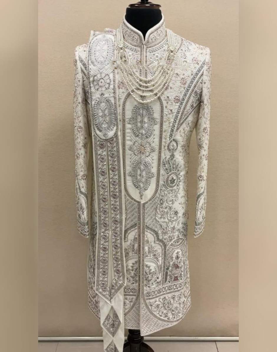 Wedding Ready Cream Sherwani Set with Rich Embroidery & Embellished Details