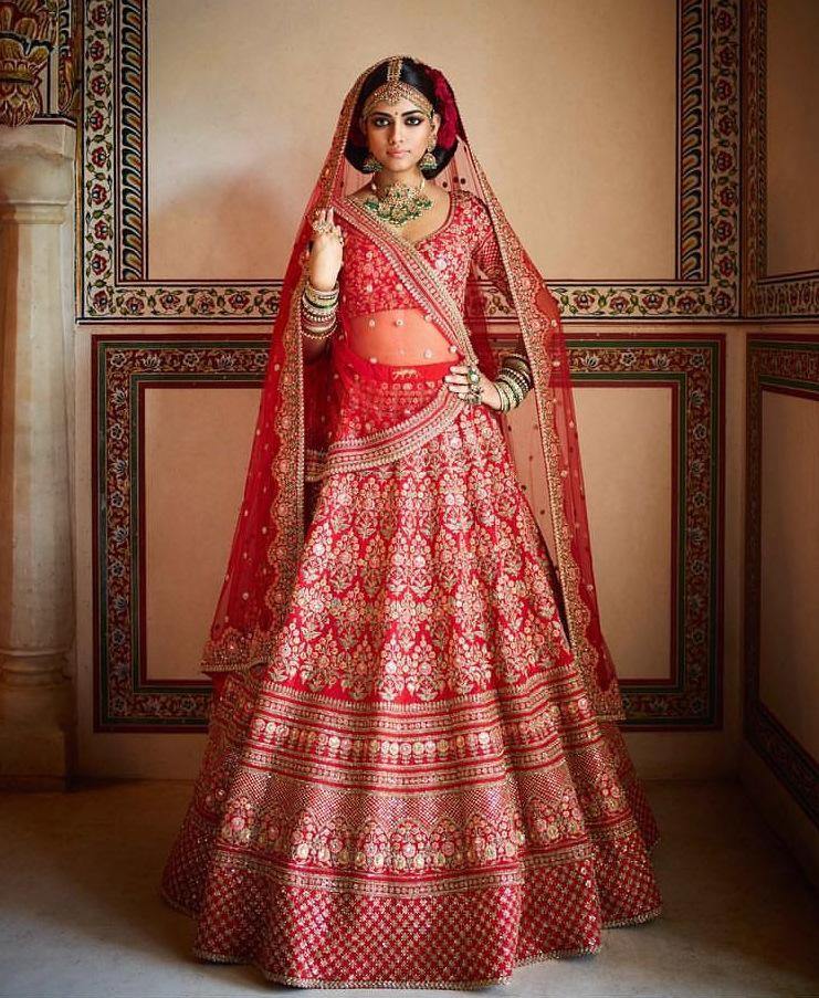 Red Pure Silk Heavy Embroidered Bridal Lehenga Choli With Dupatta - Glamourental