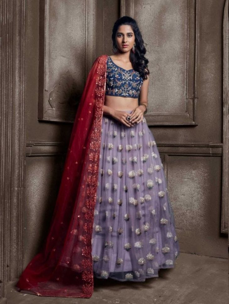 Purple and Blue Color Embroidered Viscose Georgette Lehenga - Clearance