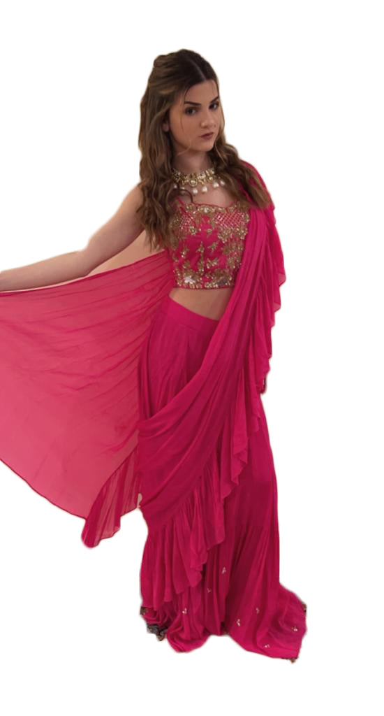 Classy Pink colored Ready to wear Saree with full embroidered blouse - Rent