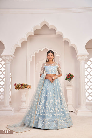 Sky Blue Elegant and classy Net Embroidered Lehenga - Rent