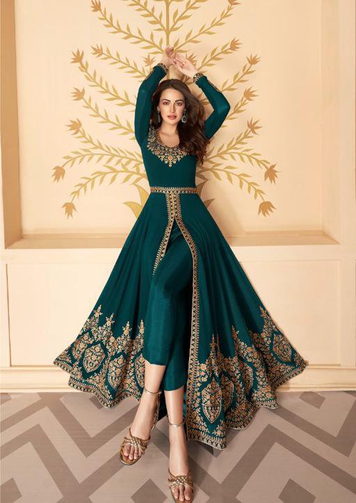Beautifully designed heavy embroidery Work Turquoise green Anarkali Set - Rent