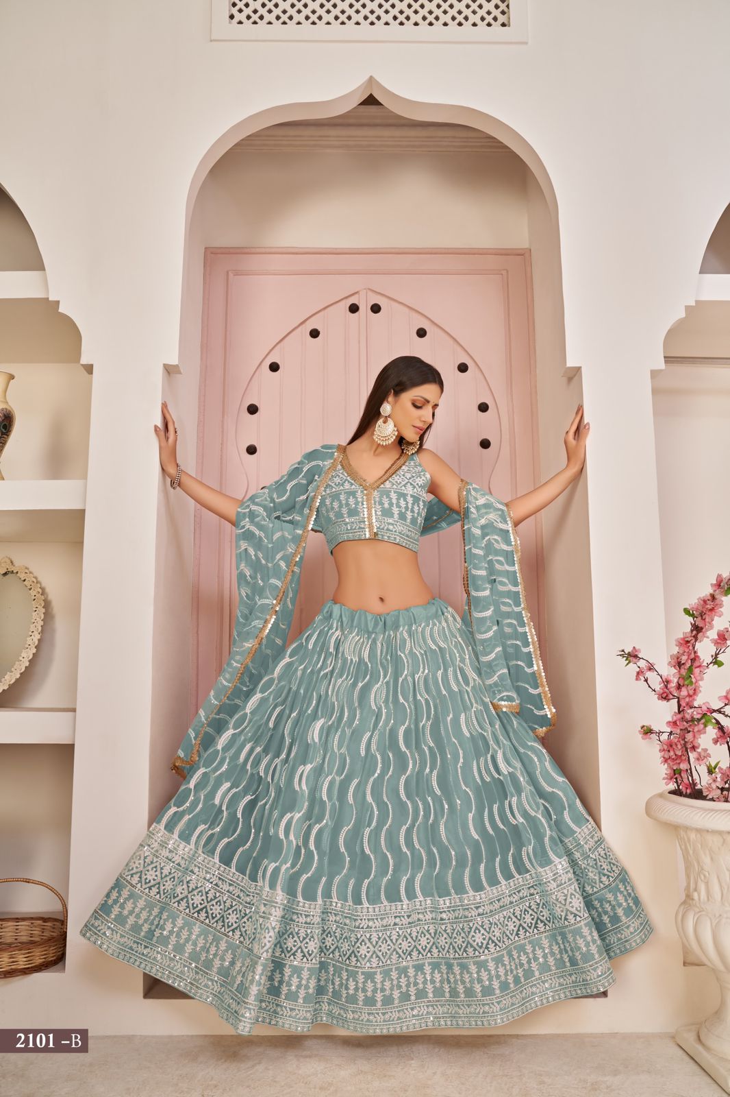 Powder Blue  Uniquely Designed Heavy Embroidered Lehenga Set - Rent