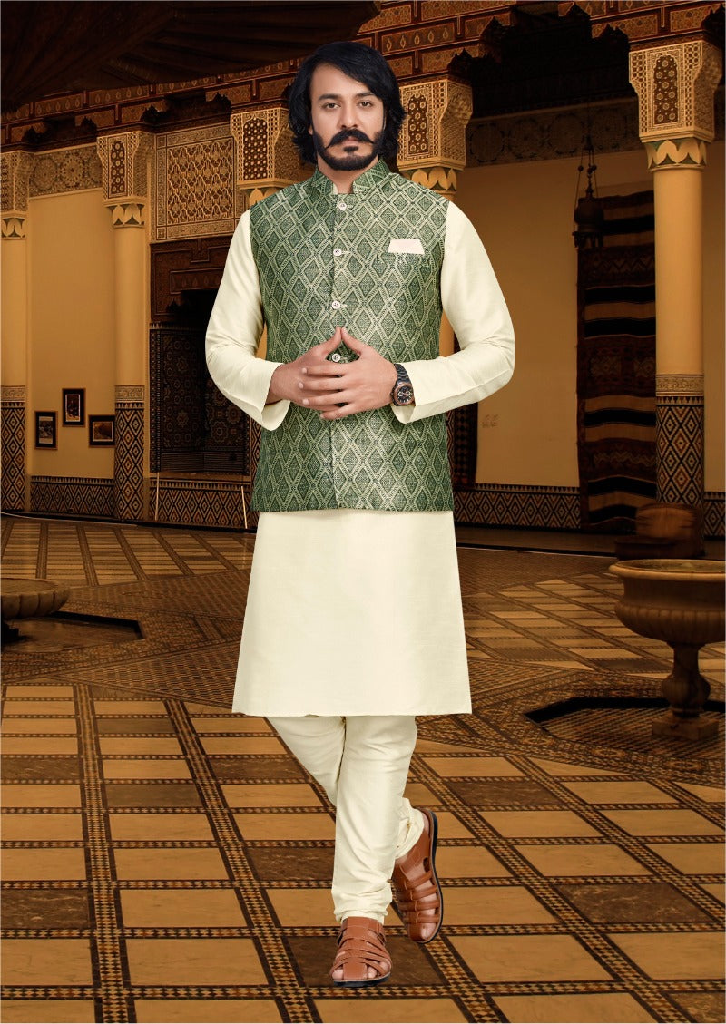 Green Classy Printed Kurta set with Nehru Jacket- Rent
