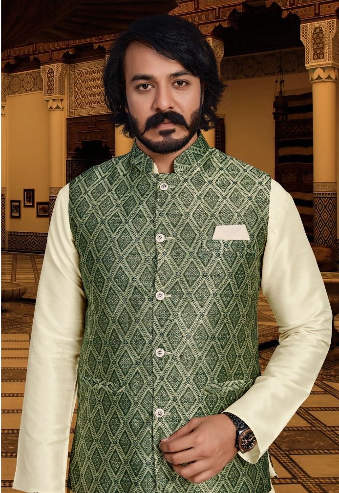 Green Classy Printed Kurta set with Nehru Jacket- Rent