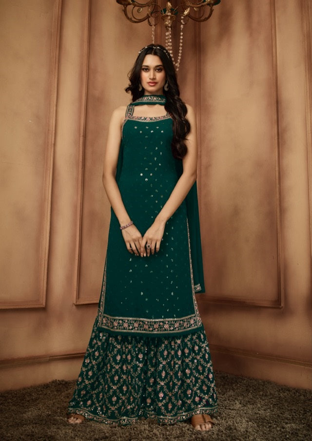 Classy Green Heavy Embroidered and sequins work Sharara Set - Rent