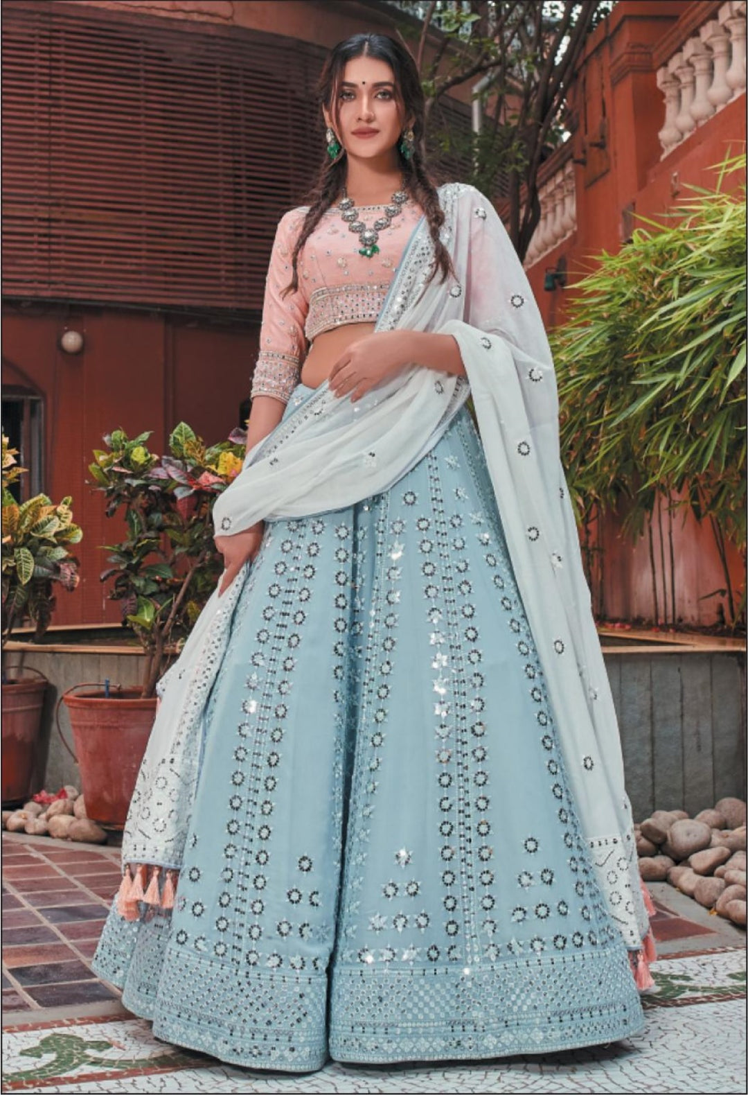 Classy Sky Blue and Pink colored printed Lehenga Set - Rent