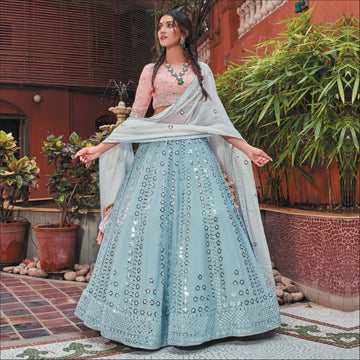 Classy Sky Blue and Pink colored printed Lehenga Set - Rent