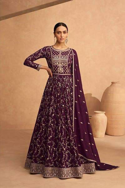 Beautiful Purple Colored heavy Embroidered Anarkali Set - Rent