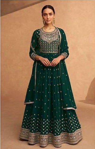 Classy Green Colored heavy Embroidered Anarkali Set - Rent