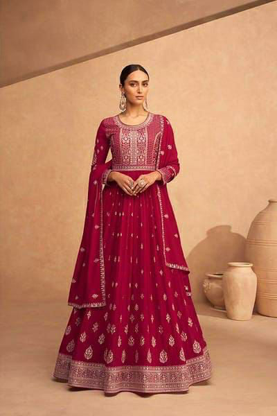 Beautiful Carrot Pink heavy Embroidered Anarkali Set - Rent