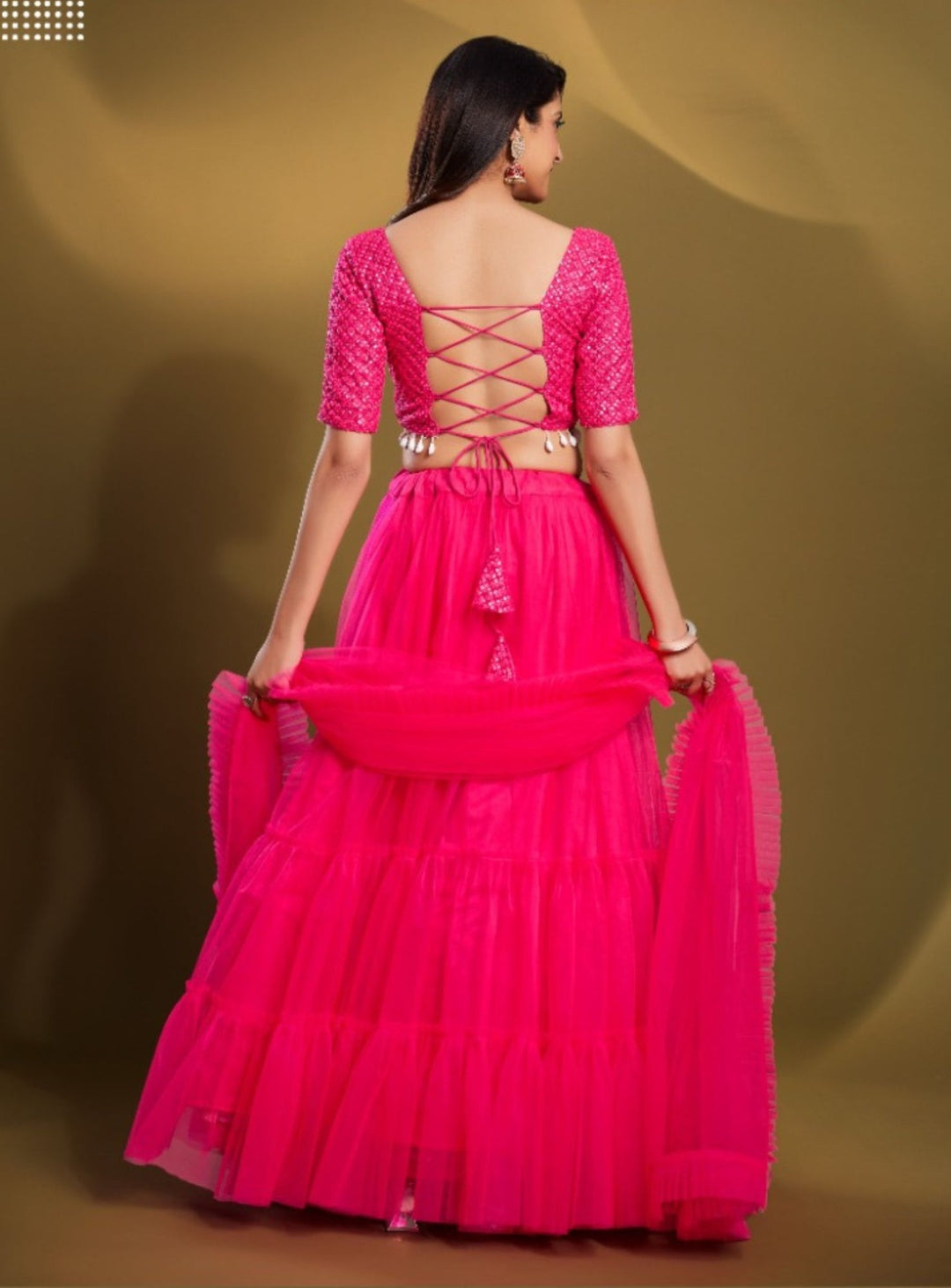 Fuschia Pink Sequins Soft Net Lehanga - RENT