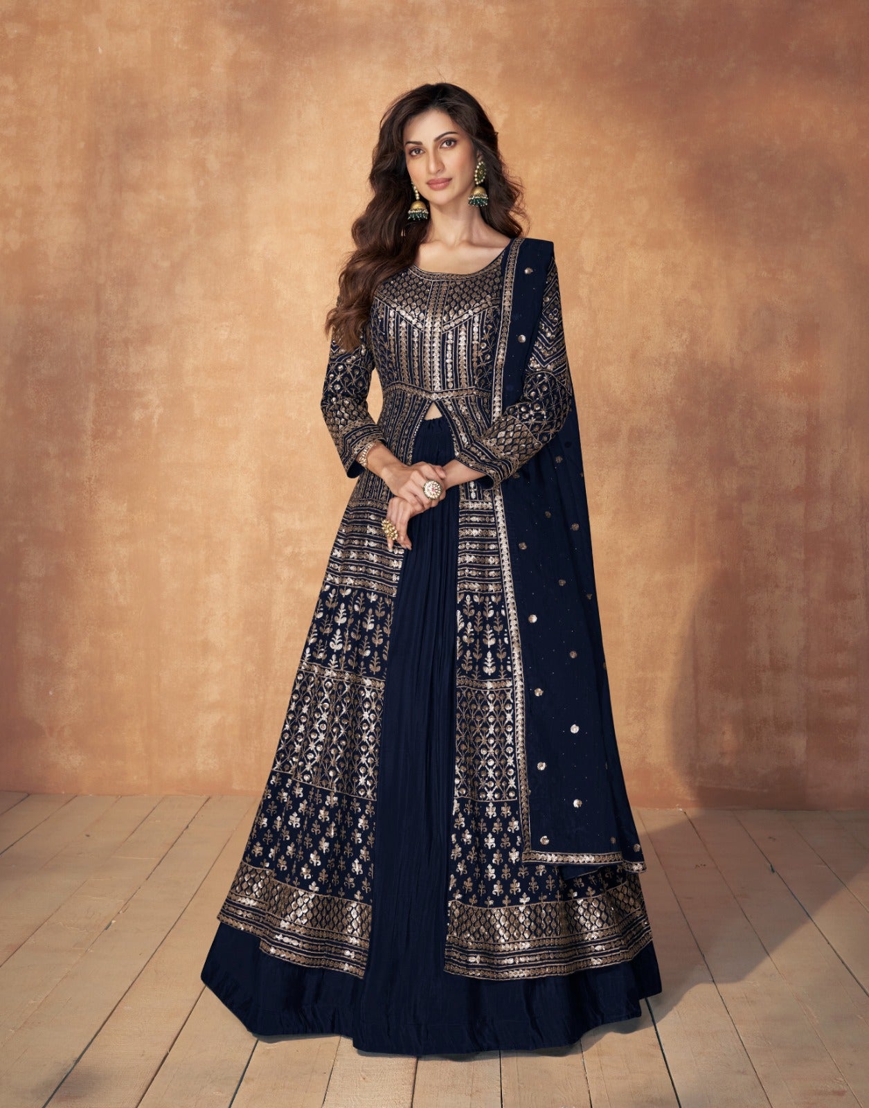 Navy Blue Sequence Front Open Anarkali Set- Rent