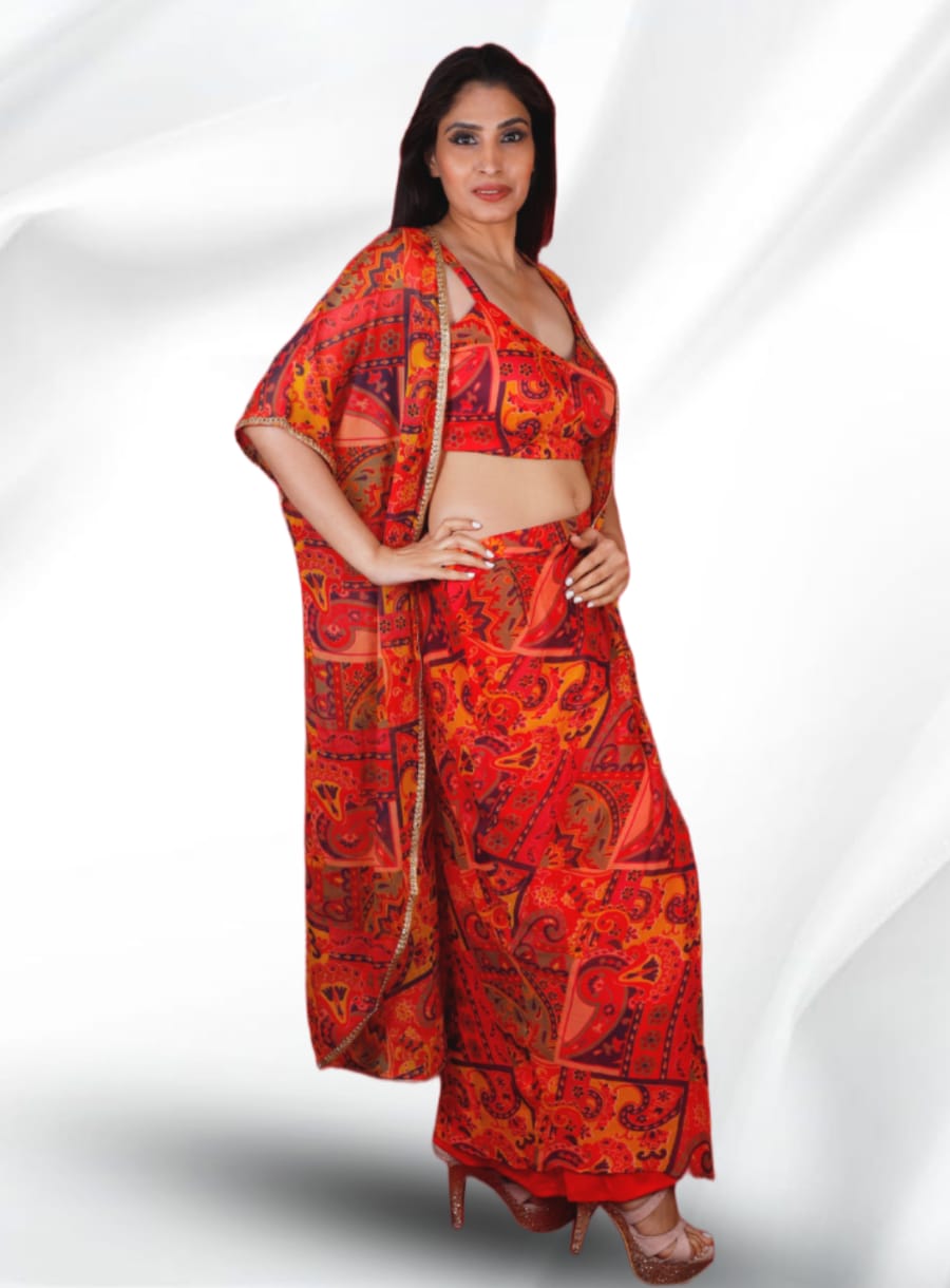 Orange Colored Uniquely Designed Printed Outfit - Rent