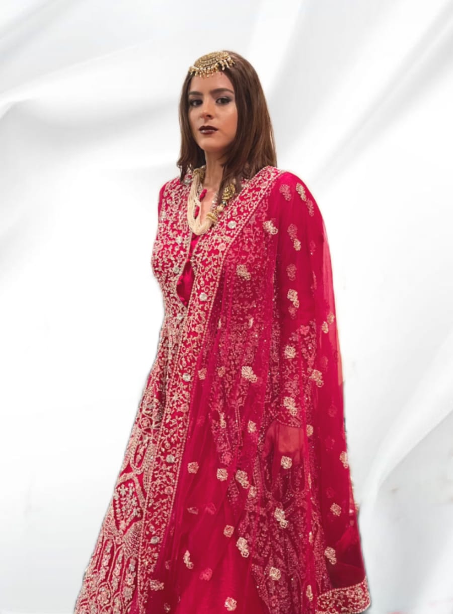 Red Color Heavy Embroidery Jacket Anarkali - rent