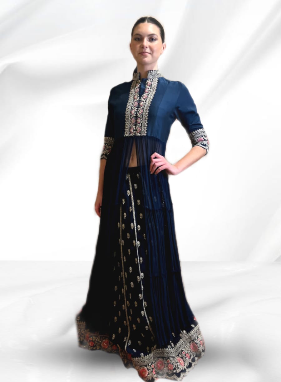 Blue Georgette Anarkali Jacket with Lehenga - Rent