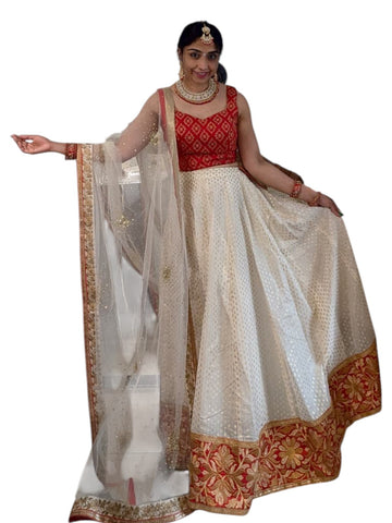 Cream & Red Silk Lehenga Choli with Zari Work Dupatta for Wedding & Bridal Wear