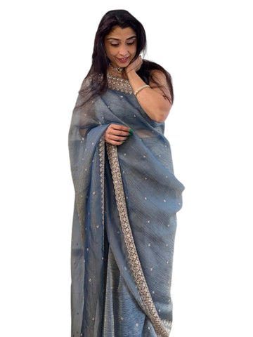 Steel Blue Tissue Saree with Sequins & Embroidered Border for Wedding & Party Wear