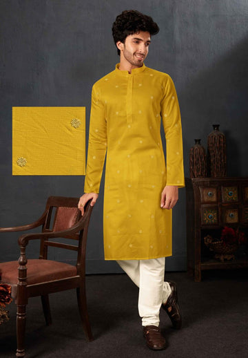 Yellow Elegant Cotton Embroidered Kurta Pyjama- Rent