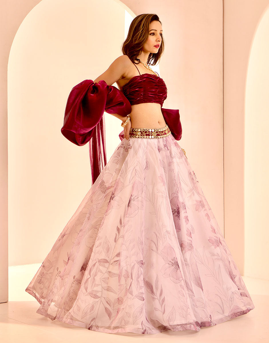 Whimsical Charm White Printed Organza Lehenga with Purple Cowled Bustier and Shrug Dupatta