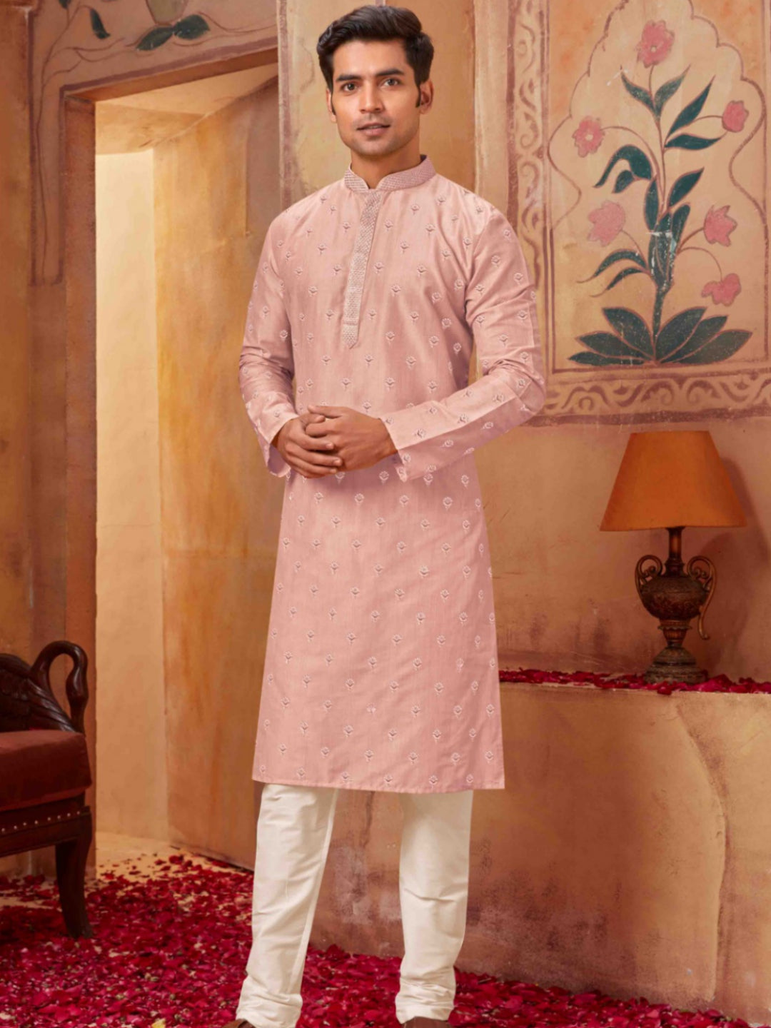 Whispering Petals Baby Pink Kurta with White Pajama Ensemble - Rent