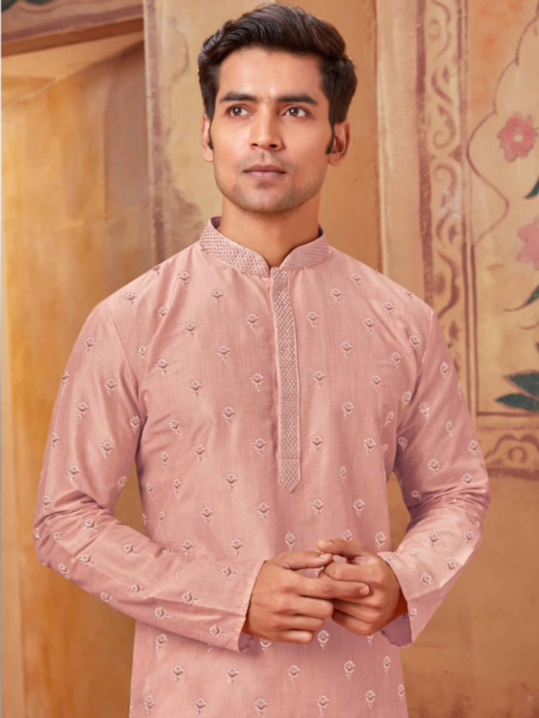 Whispering Petals Baby Pink Kurta with White Pajama Ensemble - Rent