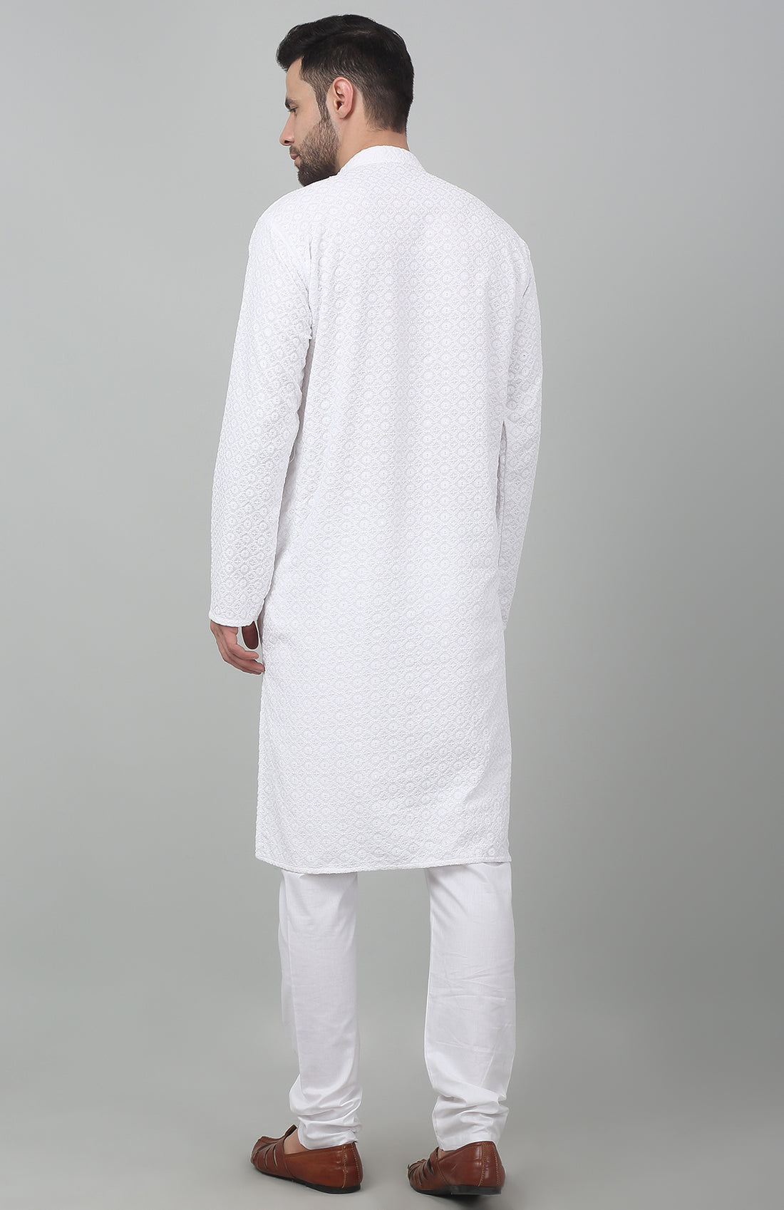 White Checkered Thread Embroidered Kurta Set - Rent