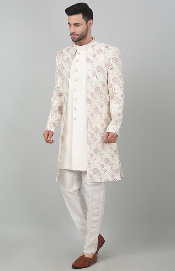 White Cotton Embroidered Thread And Sequin Work Gulnazm Sherwani Set - Rent