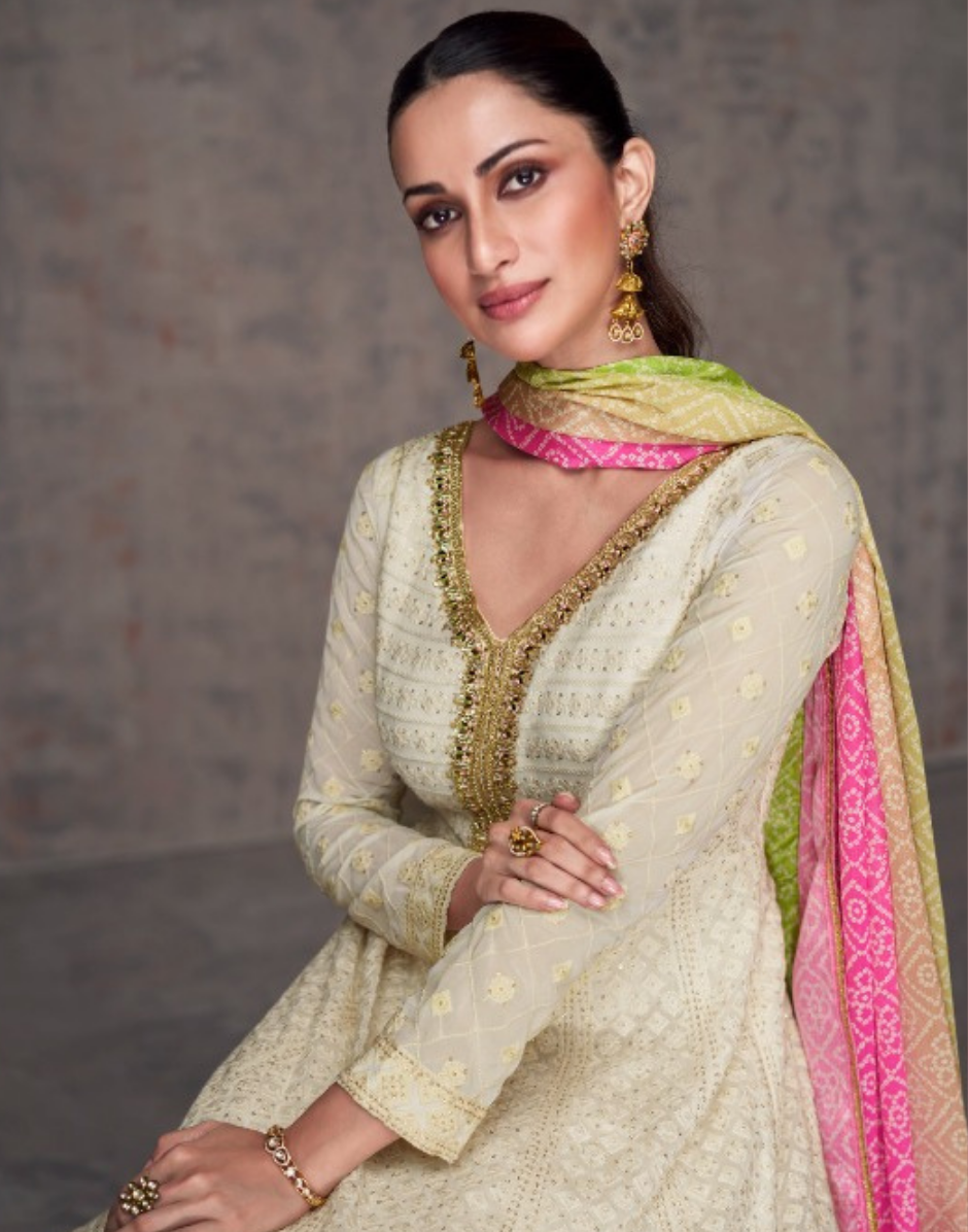 White Embroidered Georgette Gown with Elegant Chinon Silk Dupatta Stylish & Sophisticated_1