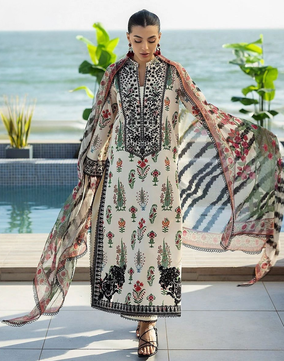 White Floral Coord Set in Soft Crepe Statement Piece - Buy