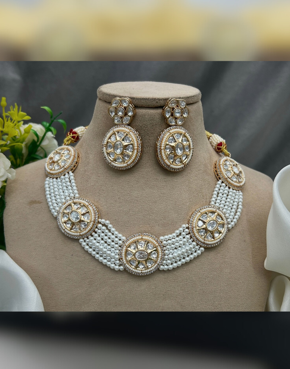 White Kundan & Pearl Necklace and Earrings Set Exquisite Ethnic Jewelry for Weddings & Special Occasions