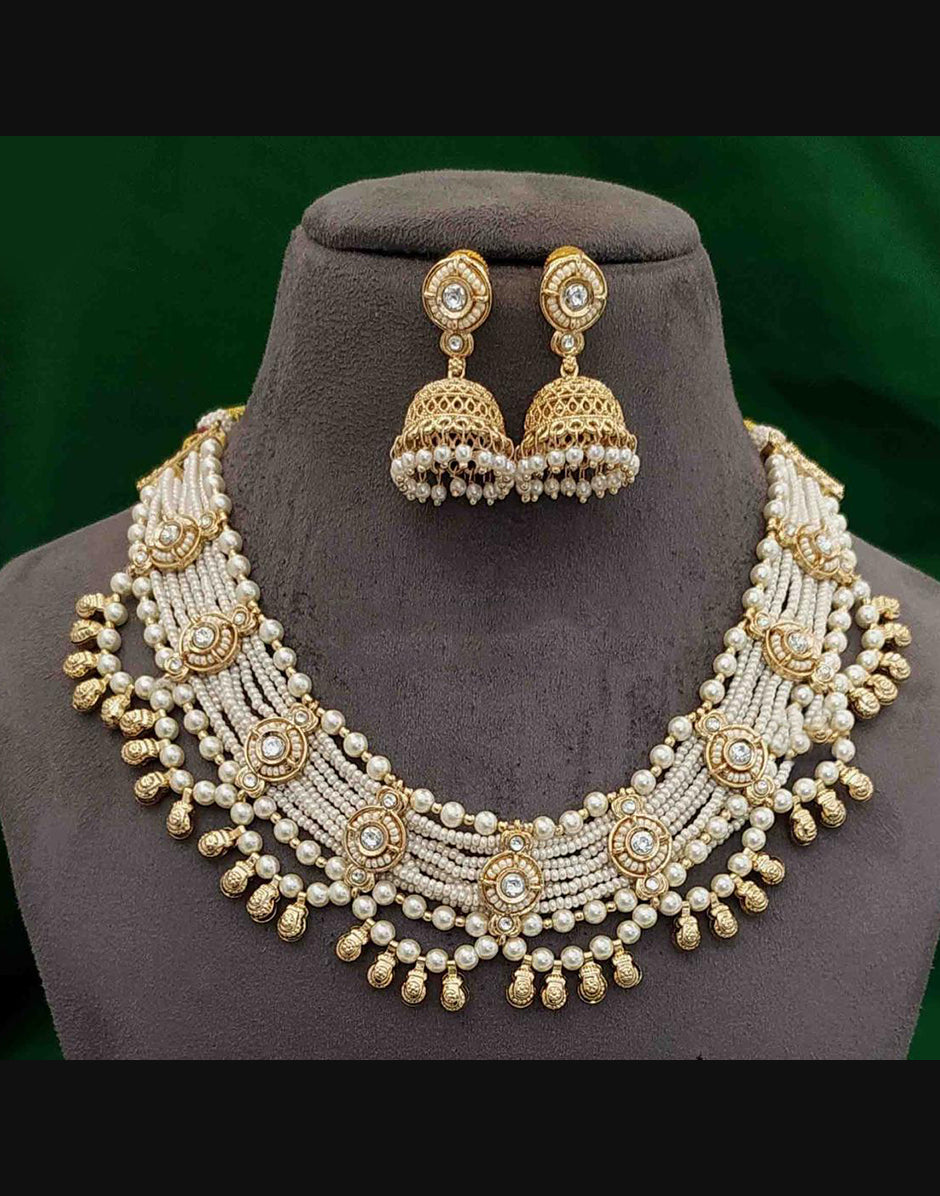 White Pearl & Beads Jewelry Set Sophisticated Necklace and Earring Combo