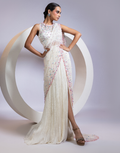White Pre-Draped Saree with Embellished Blouse and Pastel Sequin Detailing _2